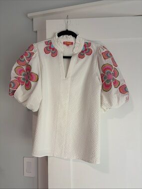 THML White Textured Puff Sleeve Top with Pink & Green Floral Embroidery